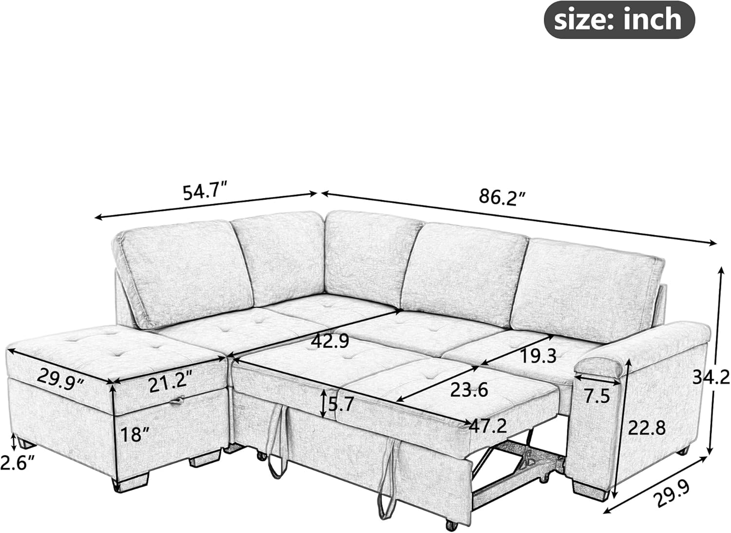 XD Designs Modern Reversible Sleeper Sectional Sofa, L-Shape Corner Couch, Pull Out Sofa-Bed Couch with Storage Ottoman and Hidden Arm Storage