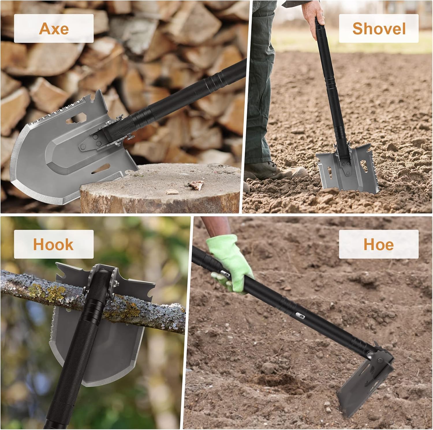 Survival Shovel Multitool, FLYEGO One-Key Lockable Quick Install Folding Military Camping Shovel with Carrying Case for Off-Roading, Camping