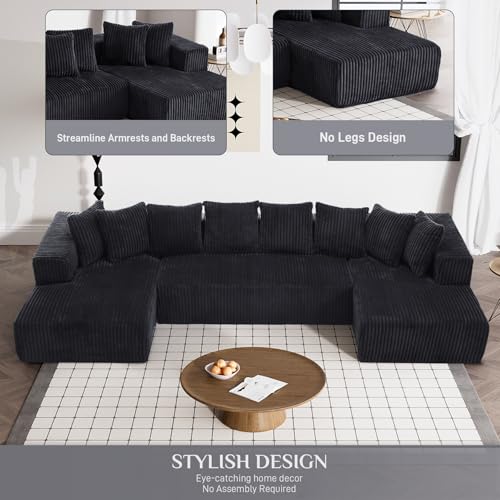 131" Modular Sectional Sofa Cloud Couch, Corduroy Memory Foam Black Sectional Couches for Living Room, Modern Deep Seat Boneless Sofa
