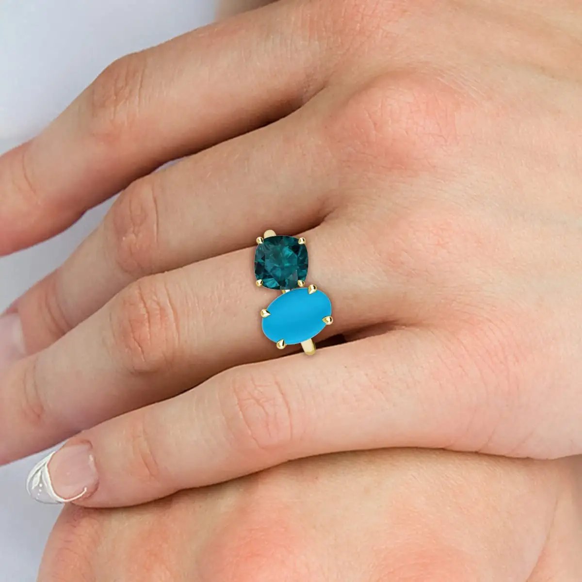 Oval Turquoise & Cushion London Blue Topaz 2 1/3 ctw Four Prong Women 2 Stone Duo Engagement Ring 10K Yellow Gold-6.5