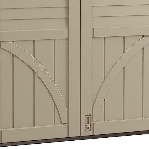 Suncast Horizontal Shed, Compact Outdoor Storage System, 34 Cu. Ft. Capacity, Sand & Slate - Lockable Multi-Wall Resin Organizer for Garbage Cans