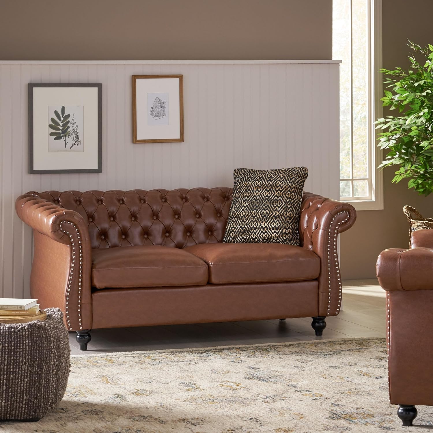 61" Loveseat Sofa for Living Room, Chesterfield Style Mini Couches with Button Tufted Backrest & Nailhead Rolled Armrest, Solid Wood Leg & Frame