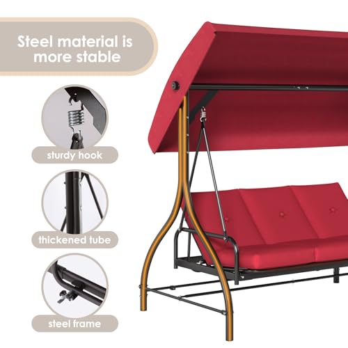 TLSUNNY 3-Seat Outdoor Patio Porch Swing with Adjustable Canopy & Backrest, Convertible Glider Bed with Stand, Removable Seat Cushion