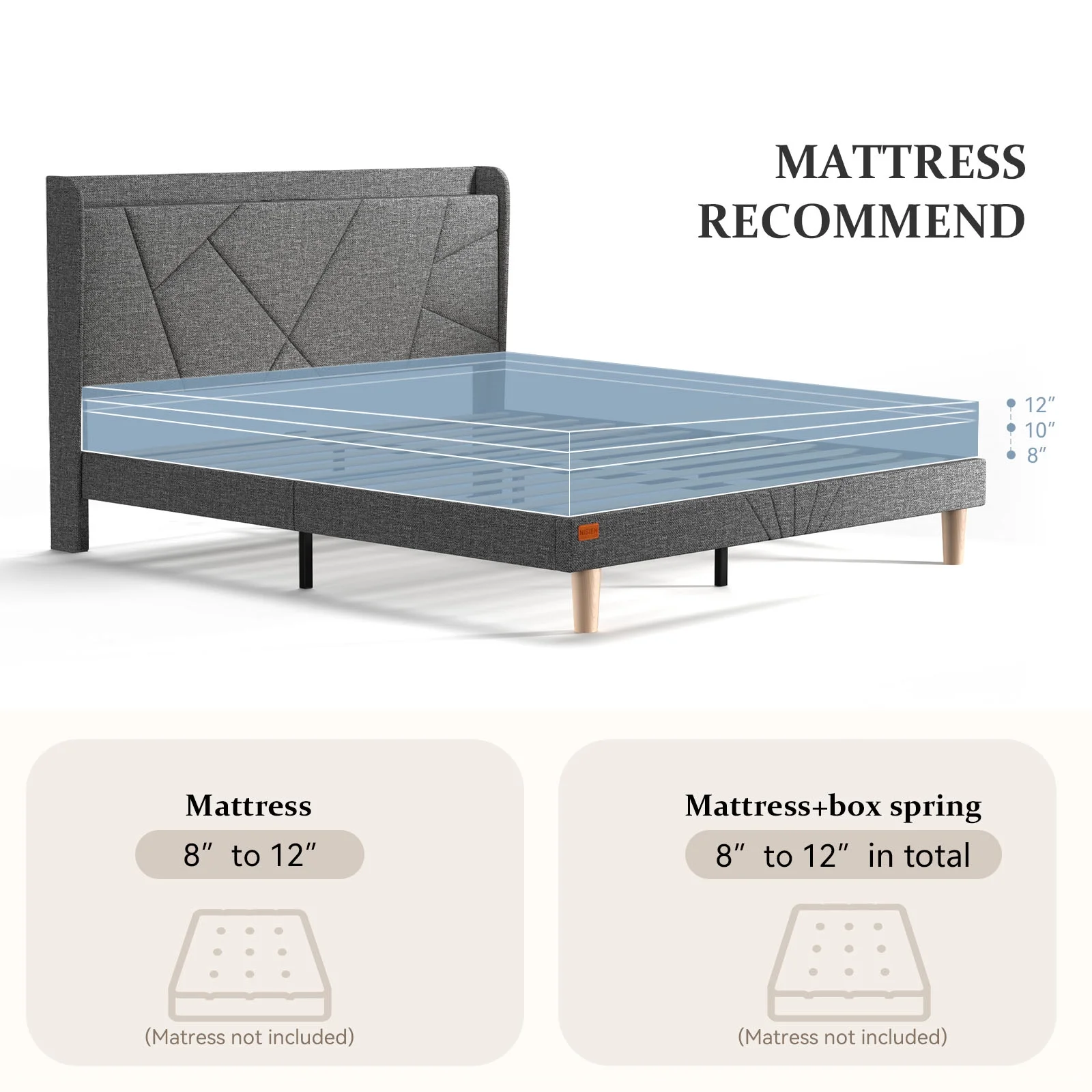 NISIEN Queen Bed Frame with Charging Station, Upholstered Platform Bed Frame with Wingback Storage Headboard, No Box Spring Needed, Dark Grey