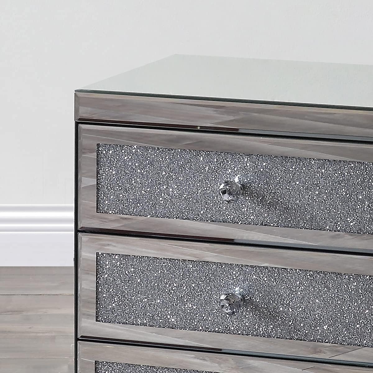 Mirrored Nightstand with 3 Drawers, Modern Small Crystal Diamond End Table Mirror Accent Silver Table