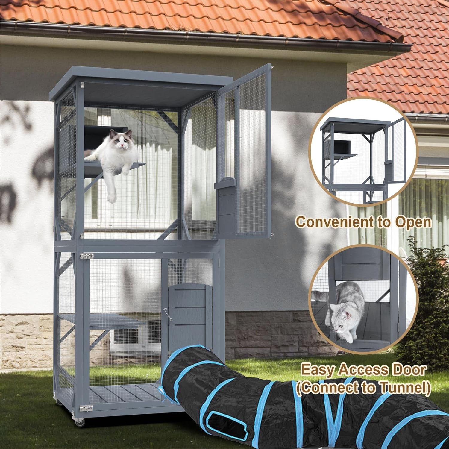 Catio Outdoor Cat House, Wooden Large Enclosure with Run on Wheels, 64" Outdoor/Indoor Cat Catio for Multiple Cats with Waterproof Roof, Platforms