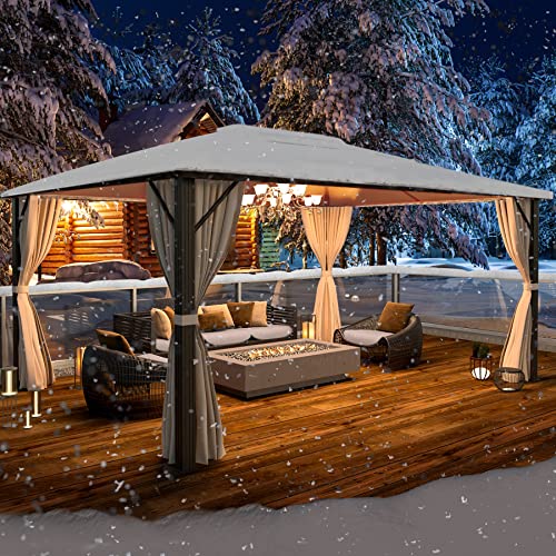 YOLENY 10'x13' Hardtop Gazebo, Outdoor Polycarbonate Double Roof Canopy, Aluminum Frame Permanent Pavilion with Curtains and Netting