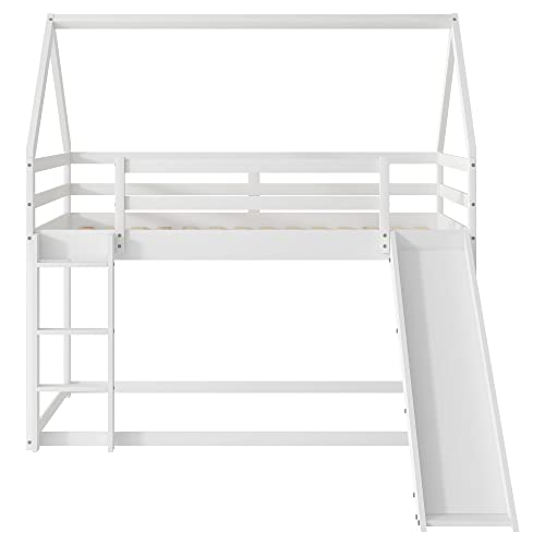 Kids Twin Over Twin Bunk Beds with Slide and Trundle, Solid Wood Bunk Bed Frame with Stairs and Storage
