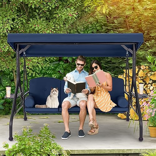 HOMREST 3 Seat Outdoor Porch Swing with Adjustable Canopy, Convertible Patio Swing Bed with Stand, Patio Glider Swing with Upgraded Cup Holder