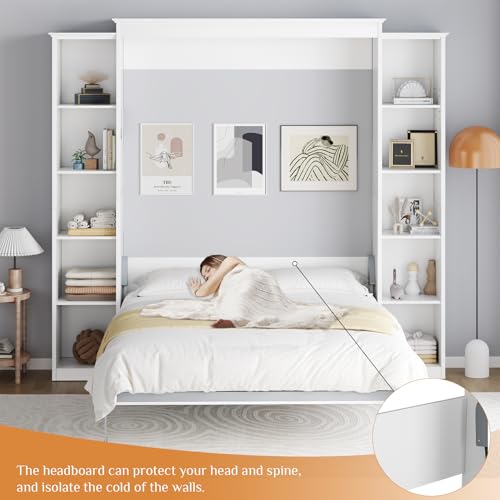 Rophefx Queen Murphy Bed Cabinet with 5-Tier Adjustable Storage Shelves, Queen Wall Bed Cabinet Bed, Wood Space Saving Beds, Foldable Platform Beds