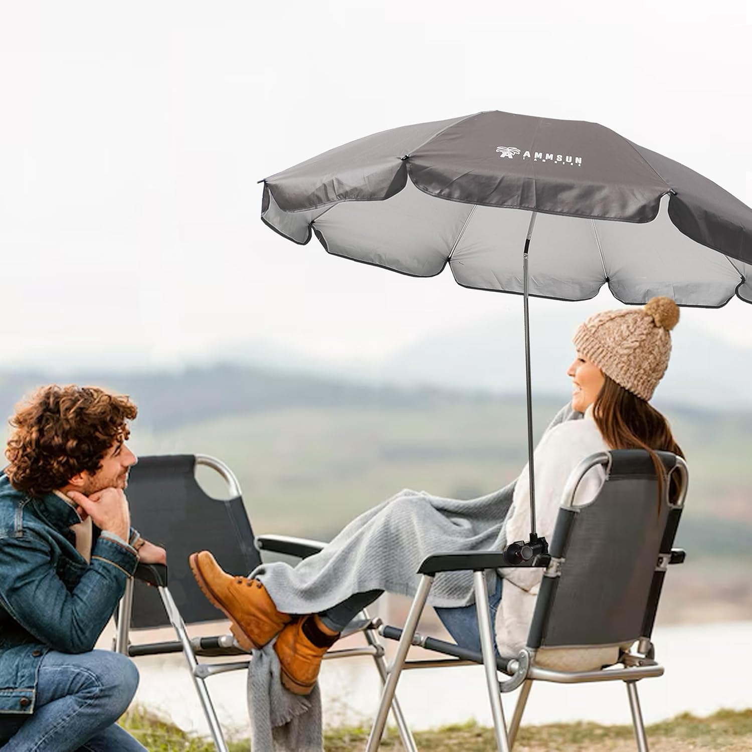 AMMSUN XL Chair Umbrella with Universal Clamp 52 inches and 360-degree Swivel UPF 50+, Portable Clamp on Camping or Beach Chair, Stroller, Wheelchair