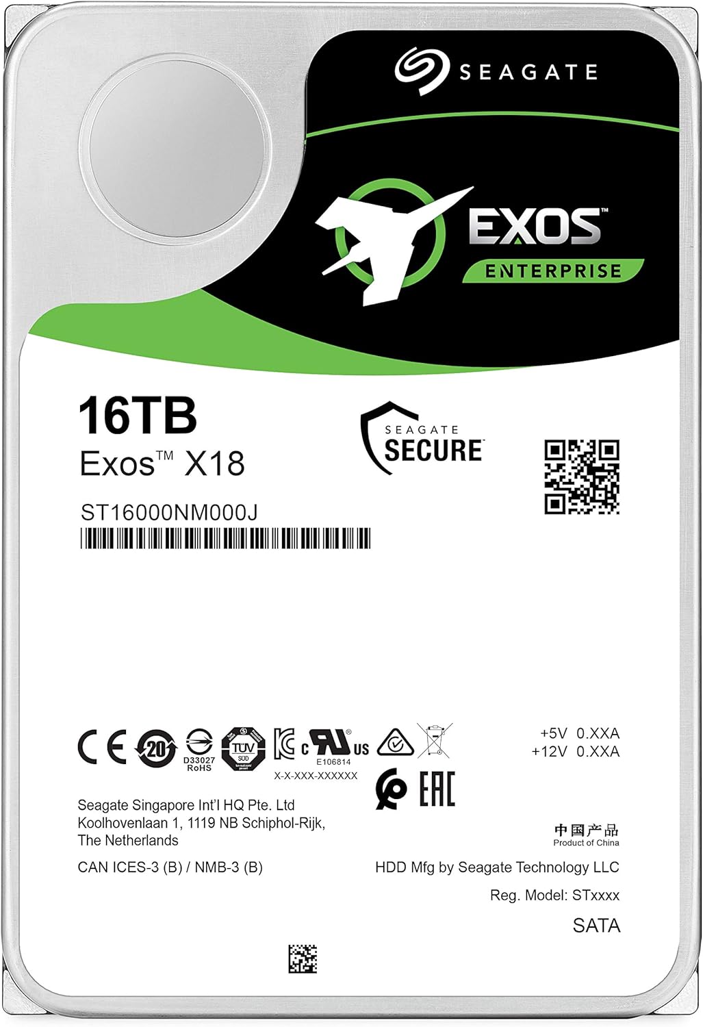 Seagate Exos X18 16TB Enterprise HDD - CMR 3.5 Inch Hyperscale SATA 6Gb/s, 7200 RPM, 512e and 4Kn FastFormat