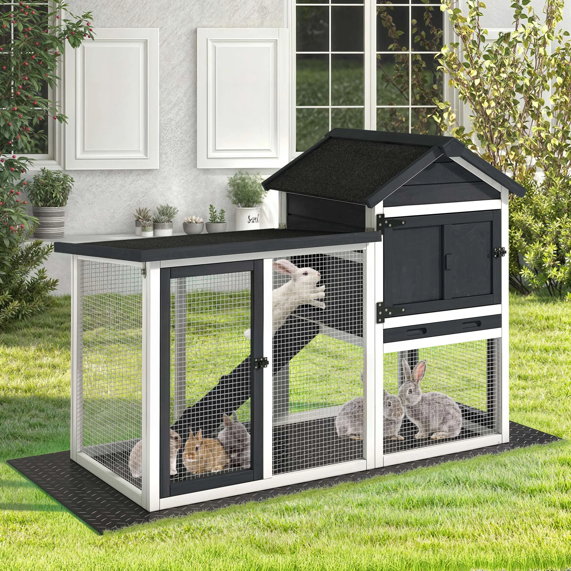 Dextrus Wooden Rabbit Hutch Bunny Cage Guinea Pig House with Waterproof Roof, PVC Mat, Pull-Out Tray - Black - Curated Treasures Market