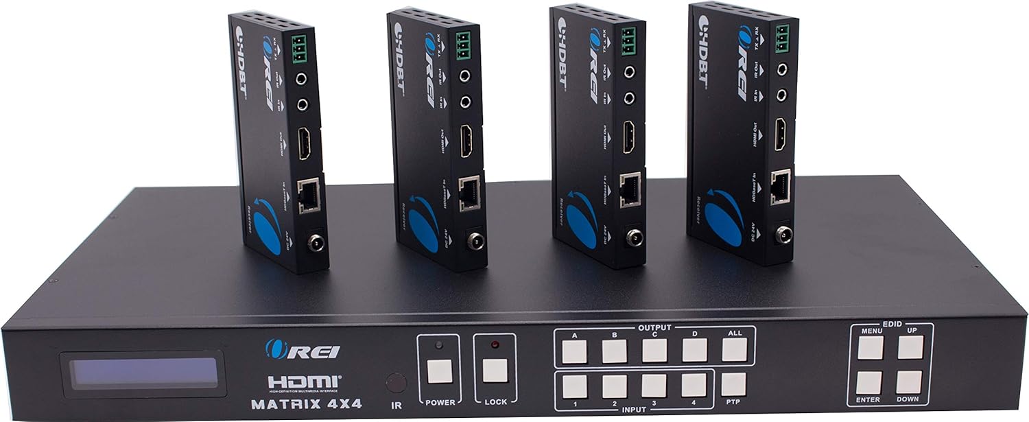 Professional 4K 4x4 HDMI Extender Matrix by OREI - HDBaseT UltraHD 4K @ 60Hz 4:2:0 Over Single CAT5e/6/7 Cable with HDR Switcher & IR Control