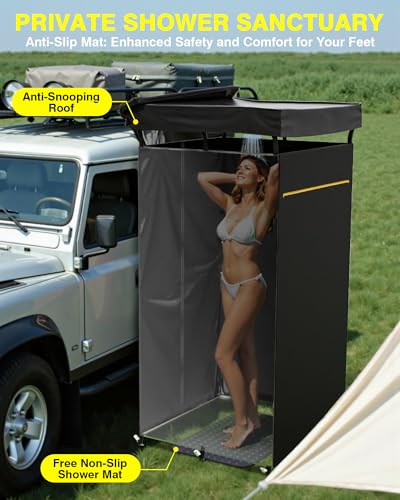 PYY Shower Awning- Awning Shower Tent with Roof Rack, Foldable Floor Mat, LED Light Strip, 3 Zippers for Safety & Access