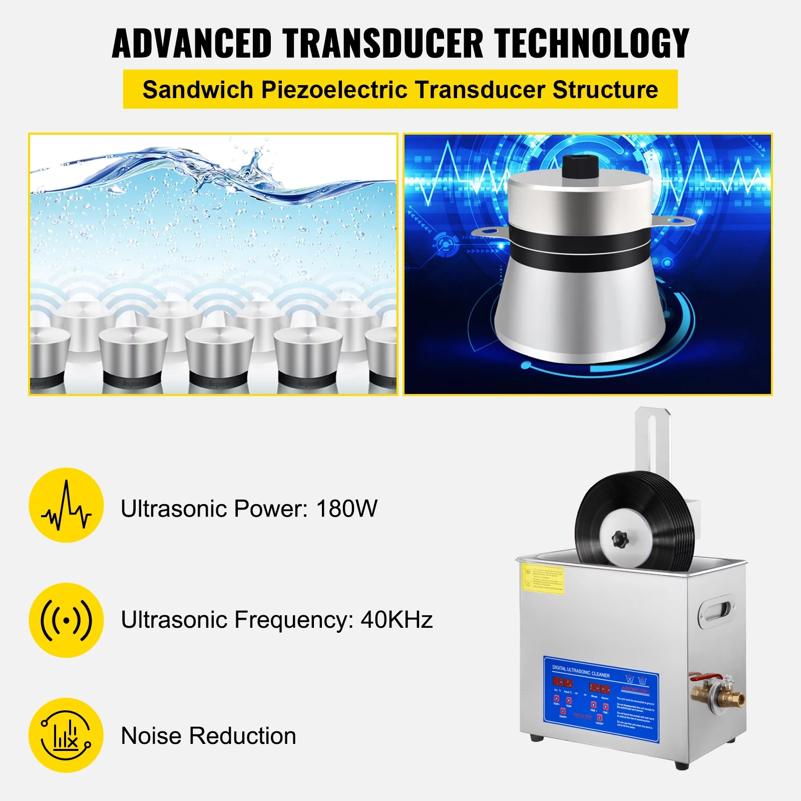 VEVORbrand Ultrasonic Cleaner 6L Stainless Steel Ultrasonic Vinyl Cleaner 200w Ultrasonic Vinyl Cleaner 7-12 inch Record Ultrasonic Vinyl Records