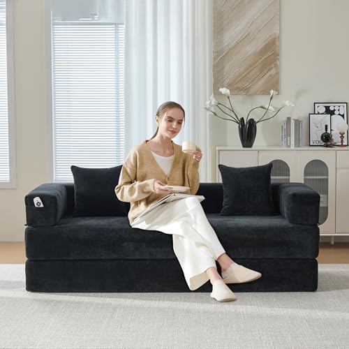 Convertible Sleeper Sofa Bed with Cylindrical Pillow, Corduroy Folding Mattress Couch with Fixed-Shape Frame