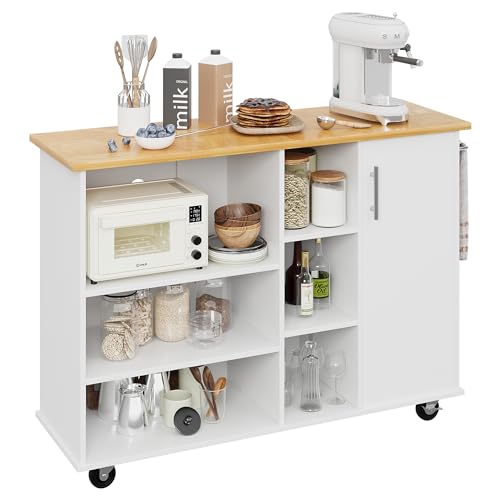Shintenchi Rolling Kitchen Island Cart with Folding Drop Leaf Breakfast Bar, Portable Trolley Island with Large Storage Cabinet, Shelf and Drawer