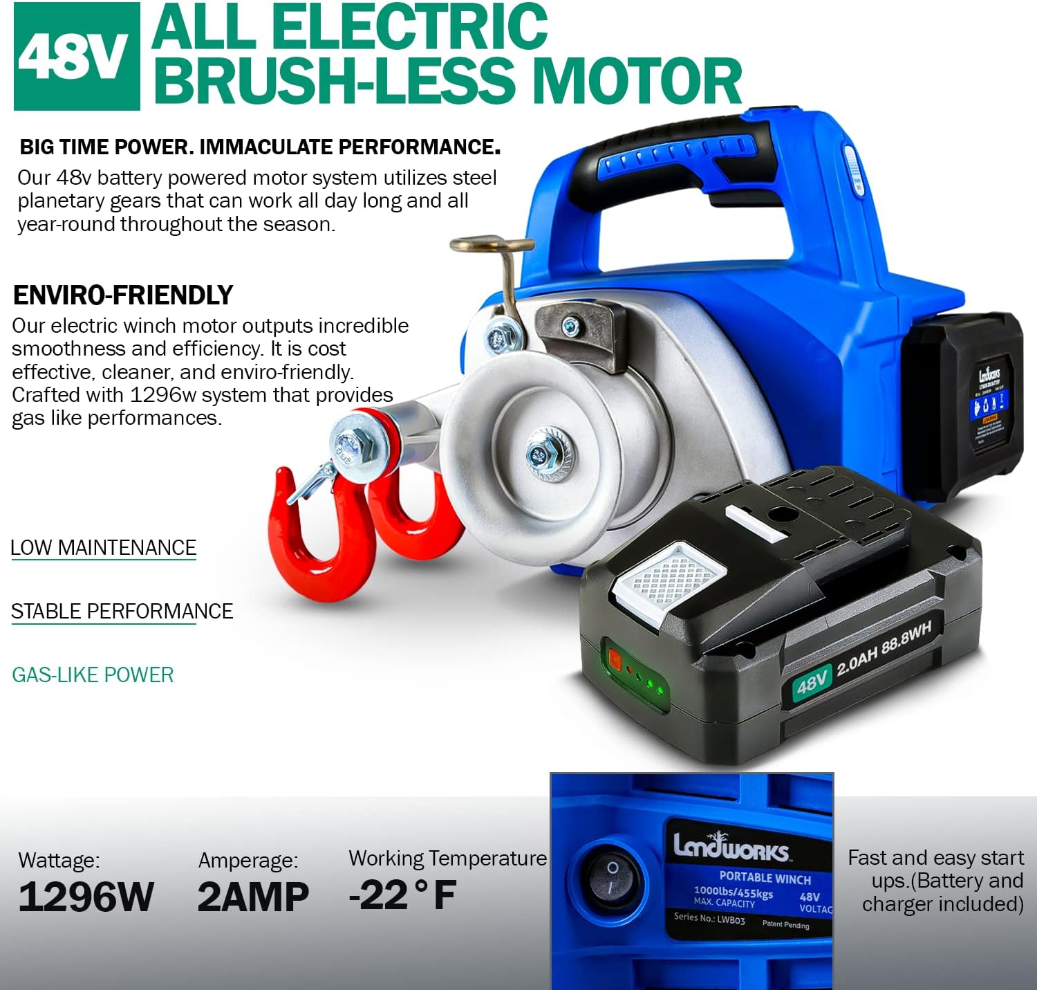 Landworks Electric Towing Capstan Winch Hoist Portable Cordless Brushless Motor Li-Ion Battery Powered 1000-2000 1/2-1 Ton Max Pulling Force for