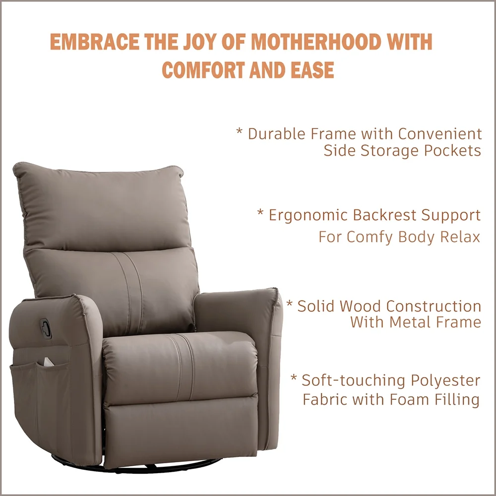 High Back Rocking Chair, Nursery Chair with Side Pocket, 360 Degree Swivel Single Sofa Chair, Lazy Sofa Balcony Reclining Chair