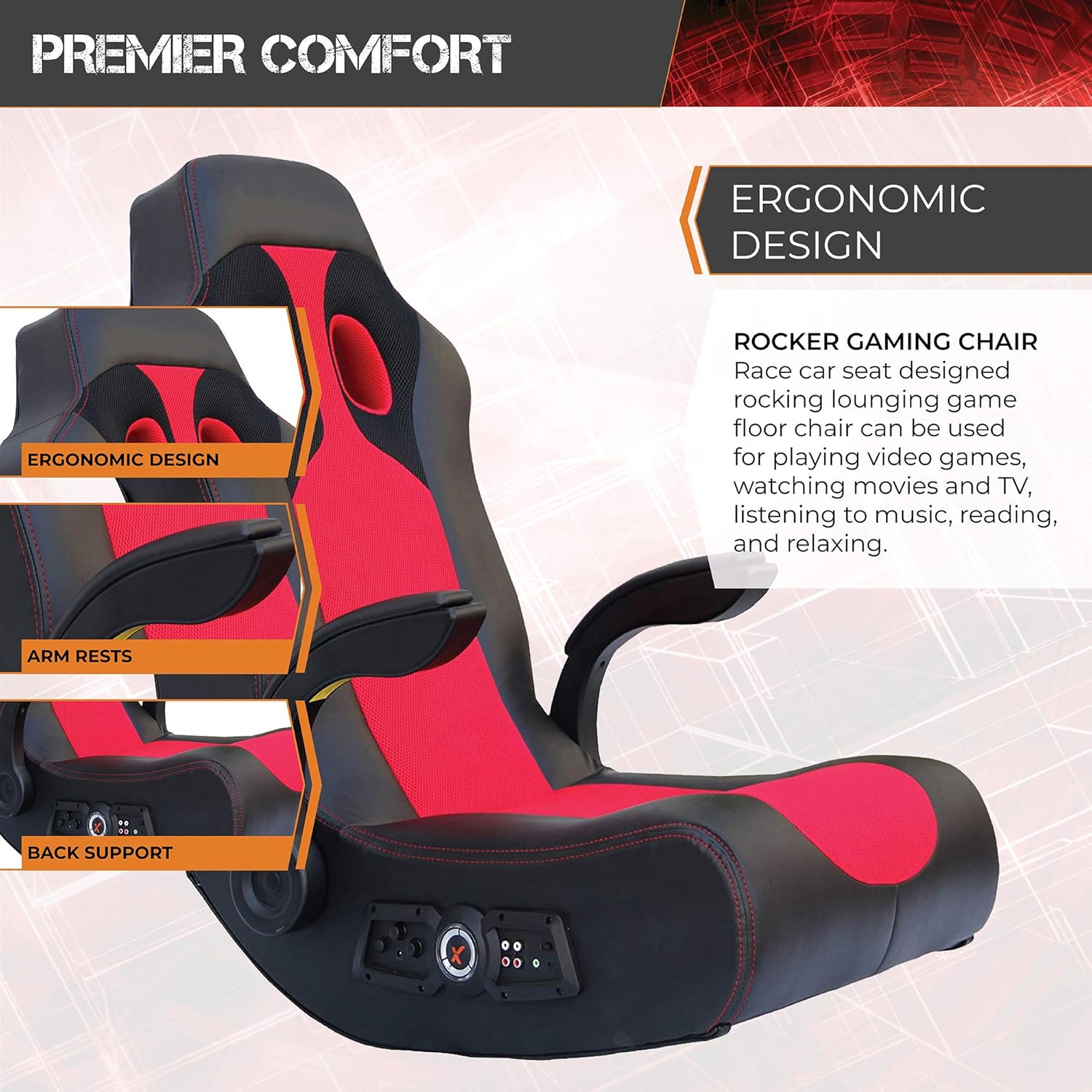 X Rocker, 5172801, Vibe 2.1 Wireless Bluetooth Gaming Floor Rocker, 23.62 x 14.57 x 17.69, Black/Red