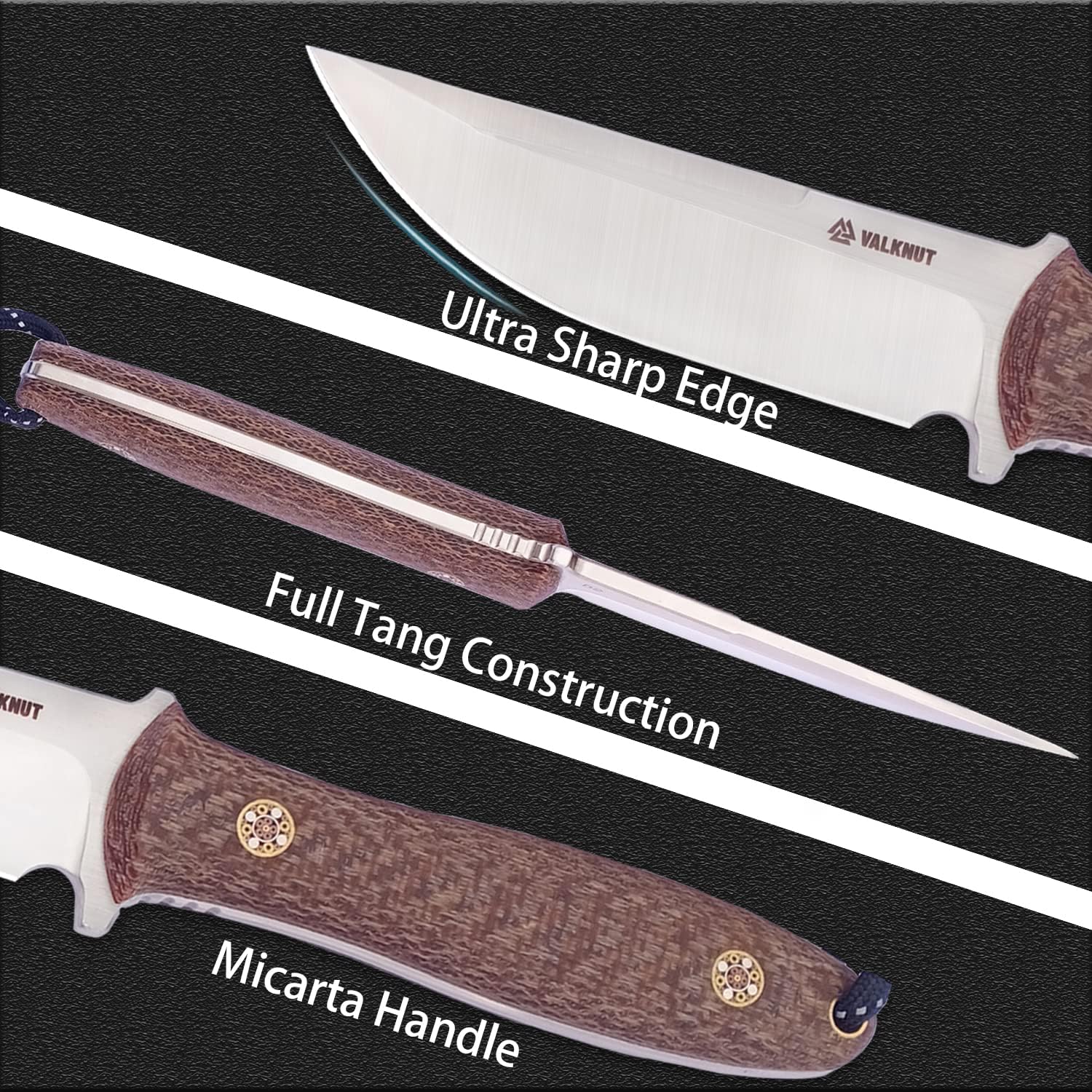 Fixed Blade Knife, VALKNUT D2 Steel Blade Full Tang Knives for Hunting Survival Bushcraft, 4''