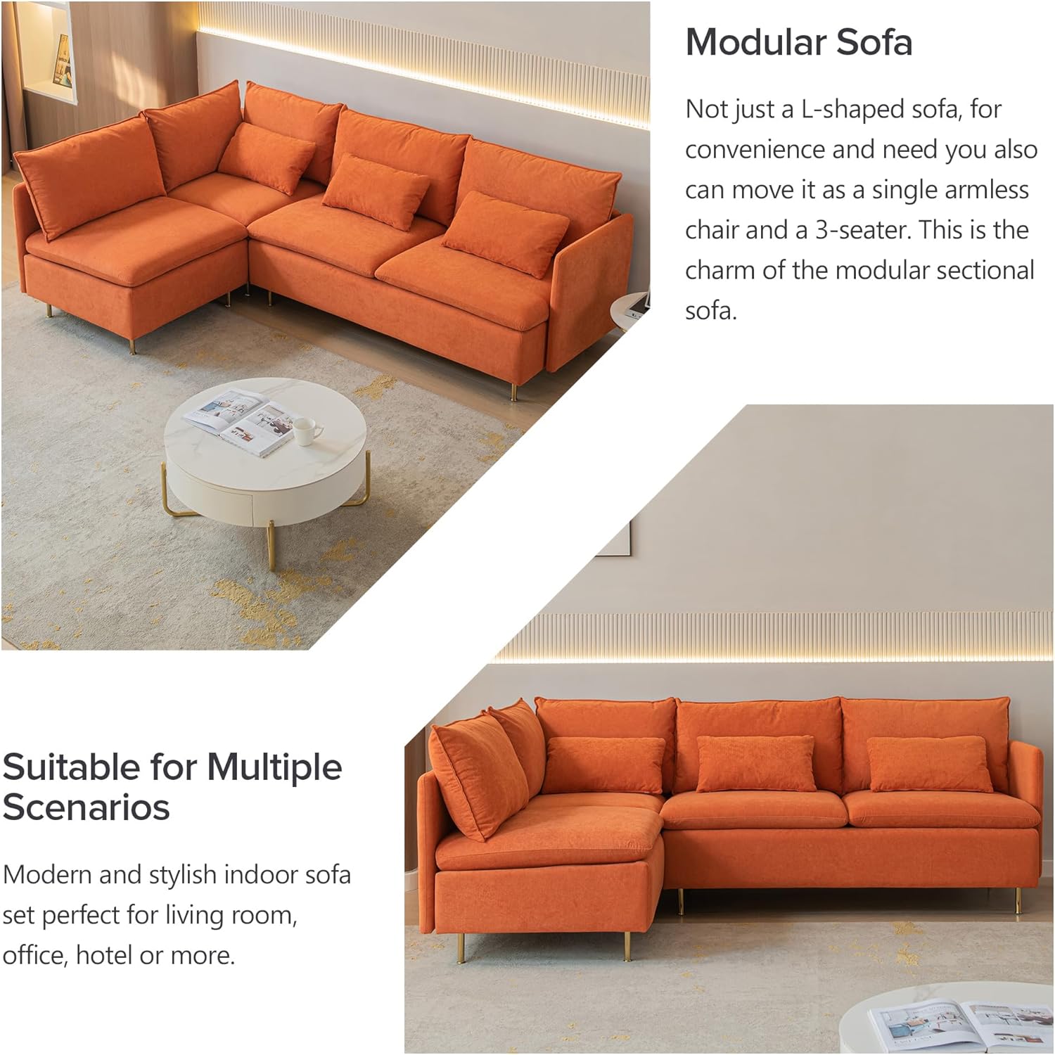 Modular L-Shaped Corner Sofa,Left Hand Facing Sectional Couch,Orange Cotton Linen-90.9" Modern Couch for Bedroom,Apartment Sofa,Office Couch