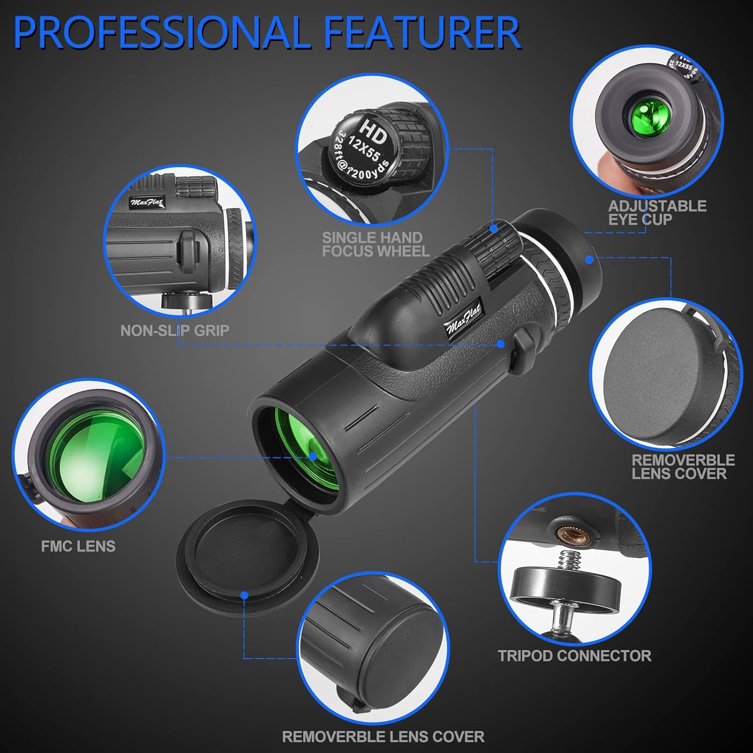 MaxFlat 12x55 High Definition Monocular Telescope, 2022 High Power BAK4 Prism & Waterproof Pocket Monocular with Smartphone Holder
