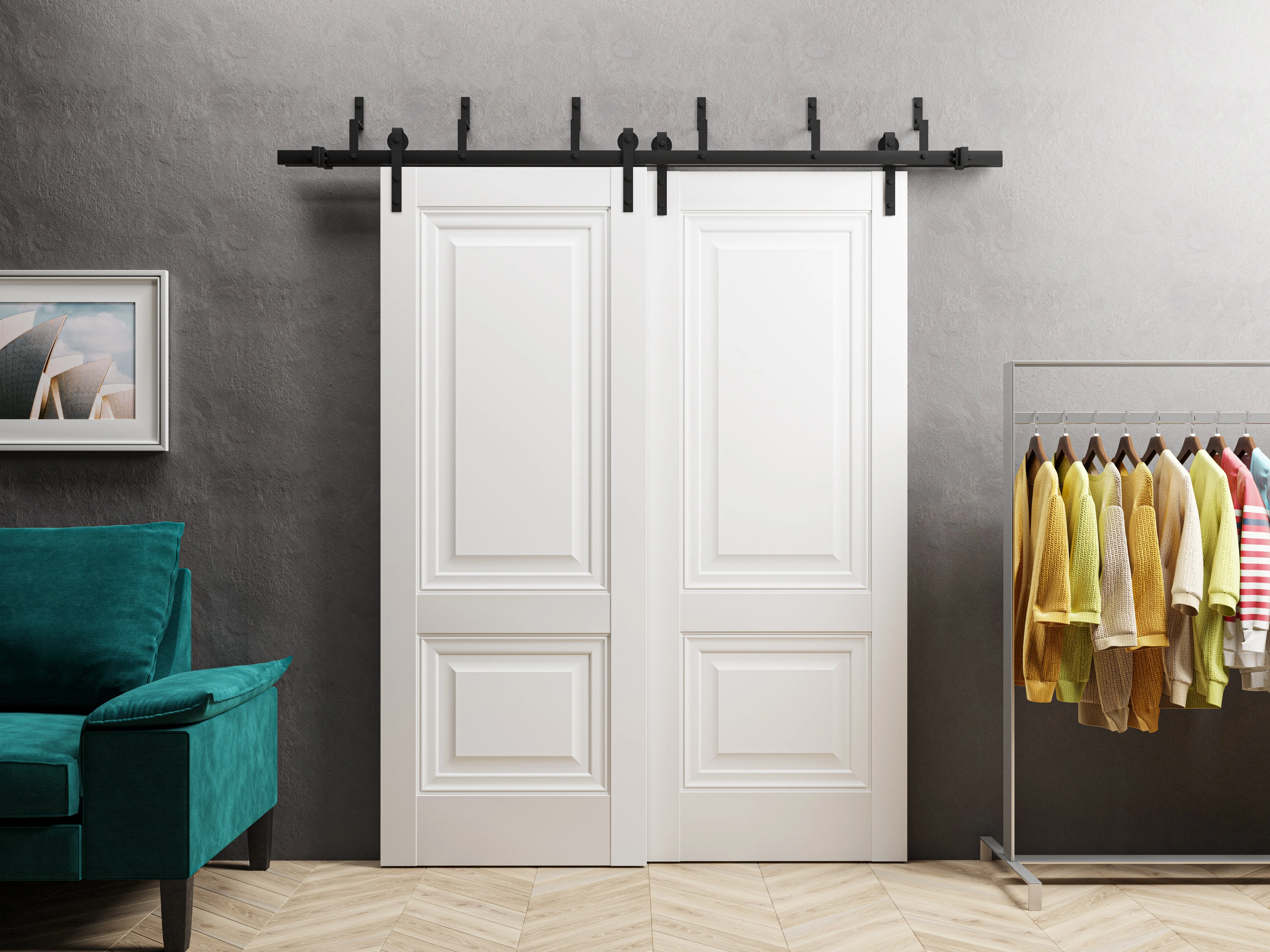 Solid French Double Doors 64 x 96 inches | Sete 6933 Light Grey Oak with Frosted Glass | Wood Solid Panel Frame Trims | Closet Bedroom Sturdy Doors