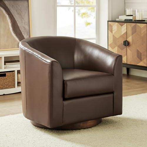 HULALA HOME Swivel Barrel Chair Set of 2, Genuine Leather Swivel Accent Chair with Solid Wood Base, Round Barrel Chair for Living Room & Bedroom