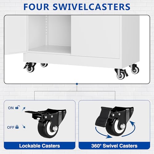 Metal Garage Storage Cabinet with Wheels,Metal Storage Cabinet with Adjustable Shelves,Steel Tool Cabinets with Locking Door for Home, School, Office