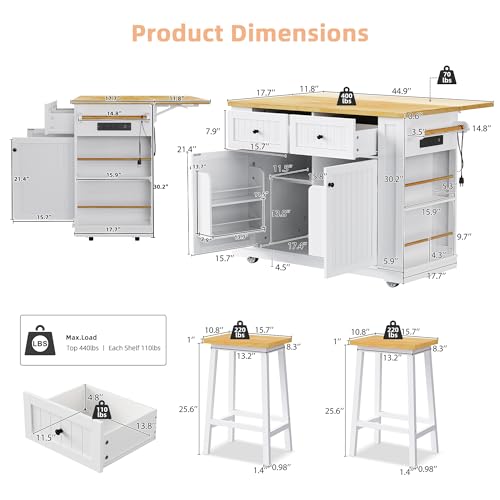Kitchen Island with Drop Leaf & Power Outlet, Rolling Kitchen Islands Cart with 5 Open Storage Shelves & Towel Rack