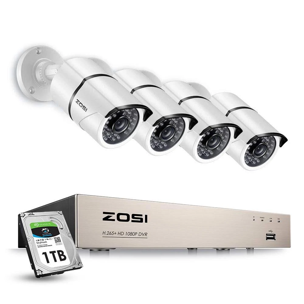 ZOSI 8-Channel 1080p 1TB DVR Security Camera System with 4 Wired Bullet Cameras, Black/White