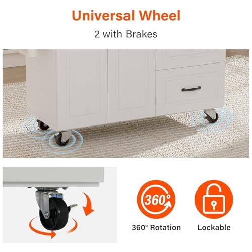 4 EVER WINNER Rolling Island with Storage and Drop Leaf, Marble Tabletop, Kitchen Carts on Wheels with Towel Rack & Spice Rack