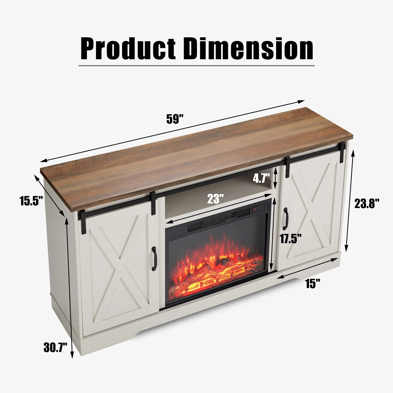 Amerlife Fireplace TV Stand Sliding Barn Door Wood Entertainment Center with a 23'' Electric Fireplace Insert