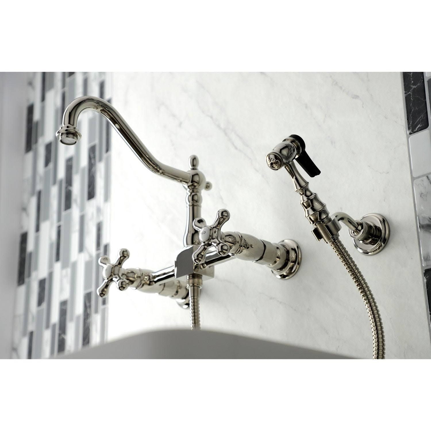 Heritage Two-Handle Wall Mount Bridge Kitchen Faucet with Brass Sprayer - Antique Copper