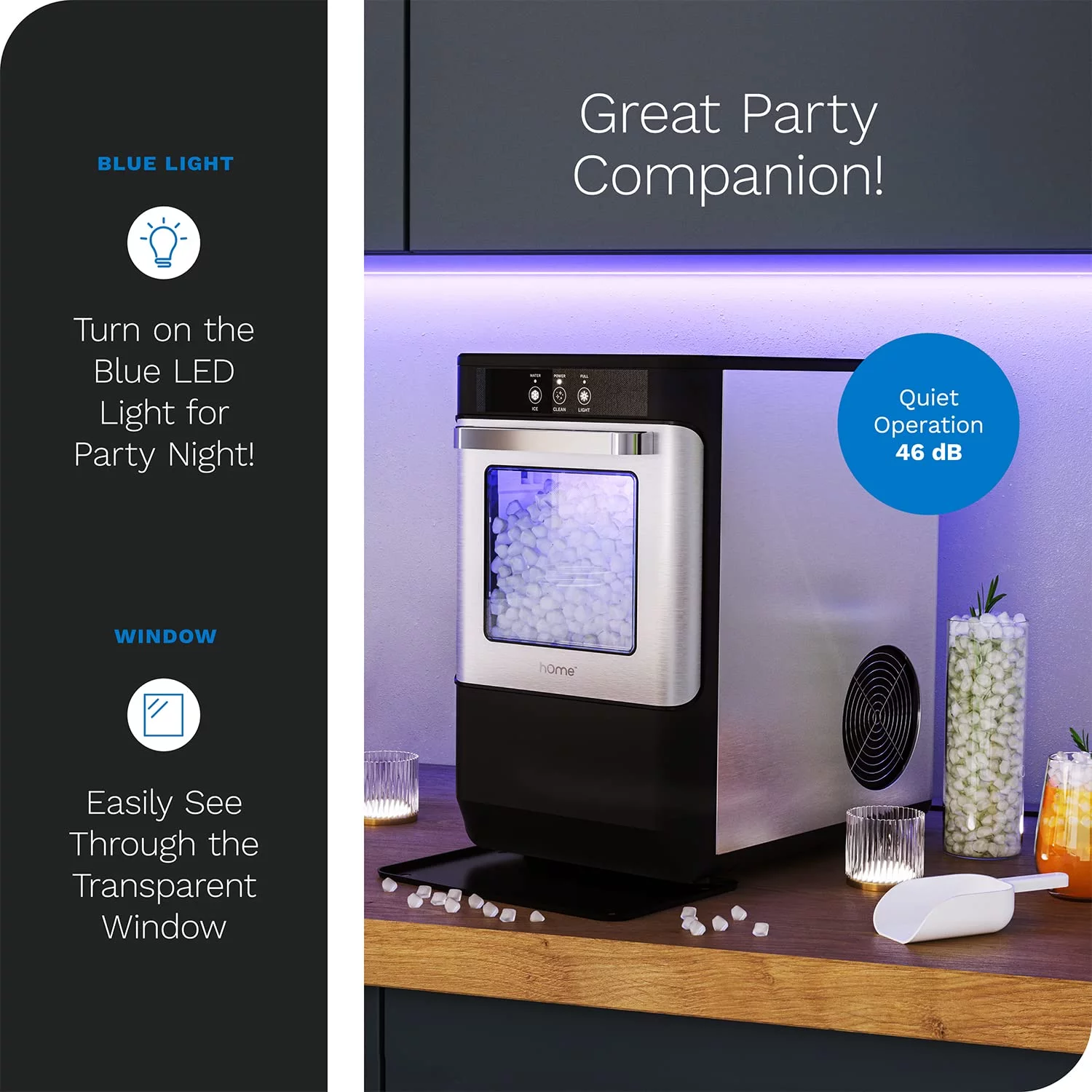 hOmeLabs Countertop Nugget Ice Maker - Stainless Steel with Touch Screen - Portable and Compact - Chewable Nugget Ice Machine