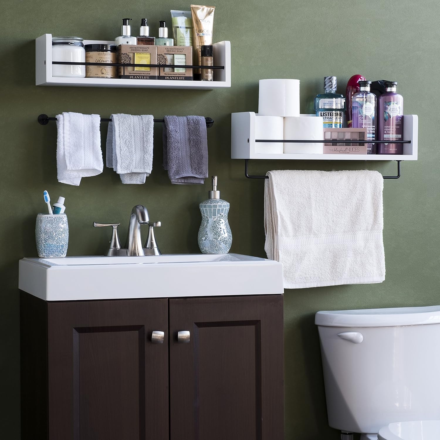 Rustic State White Rustic Bathroom Wood Wall Shelf with Metal Rail Also Multi Use Can Be Used in Living Room or Bedroom Wall Shelf
