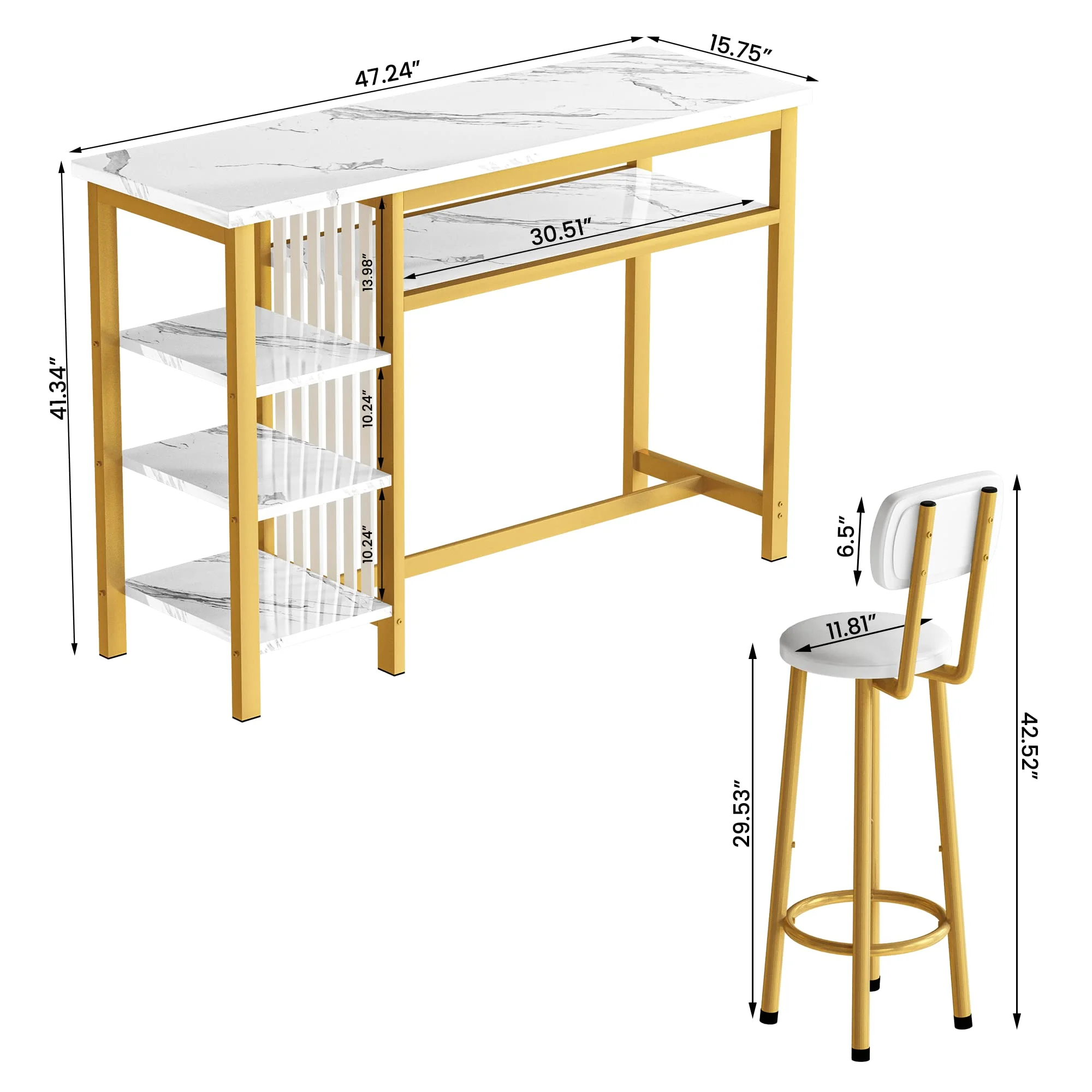 AWQM Bar Table Set, Modern Kitchen Table Set, Bar Counter Height Table Set with 2 PU Upholstered Stools, Dining Table Set with 4 Storage Shelves