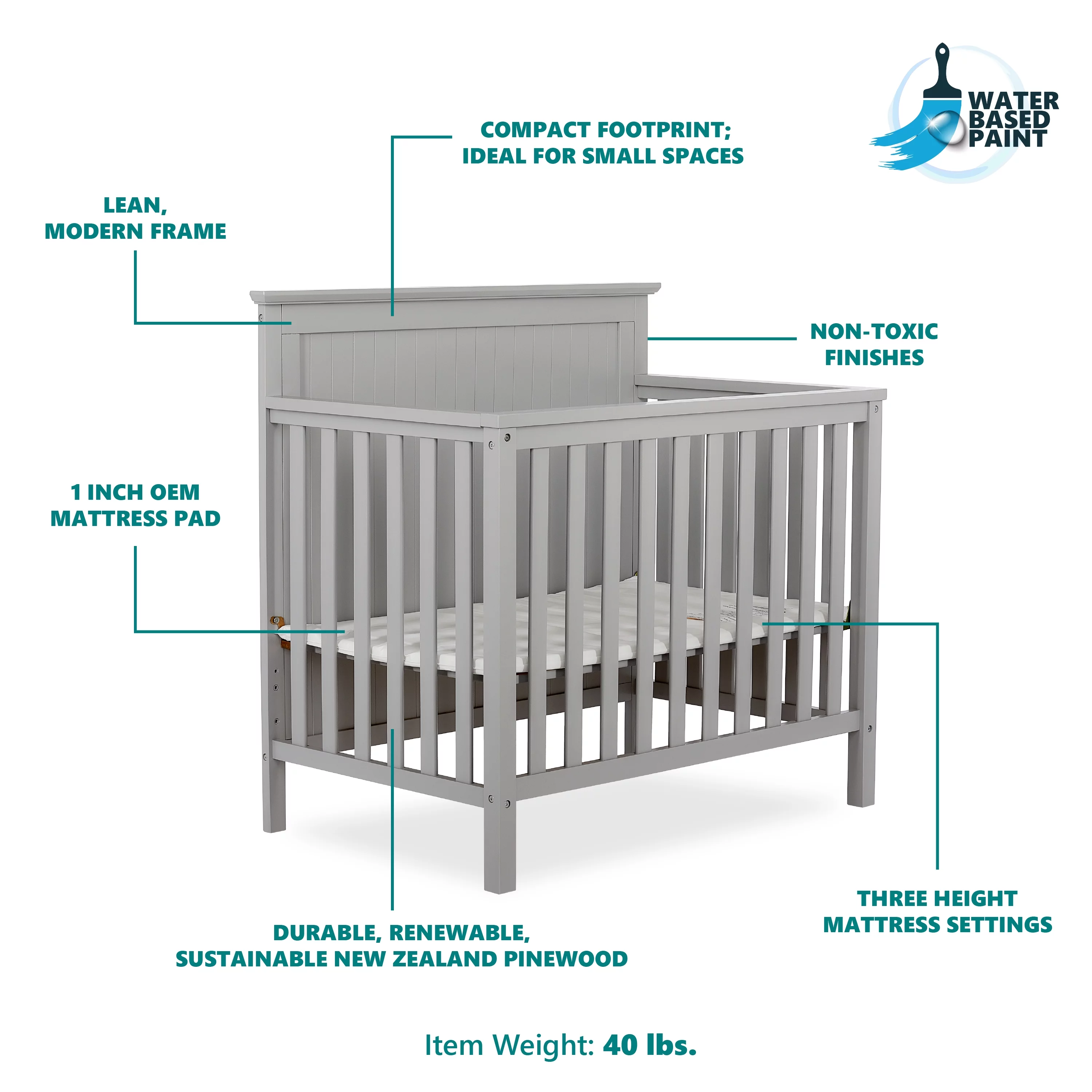 Dream On Me Ava 4-in-1 Convertible Mini Crib, Pebble Grey