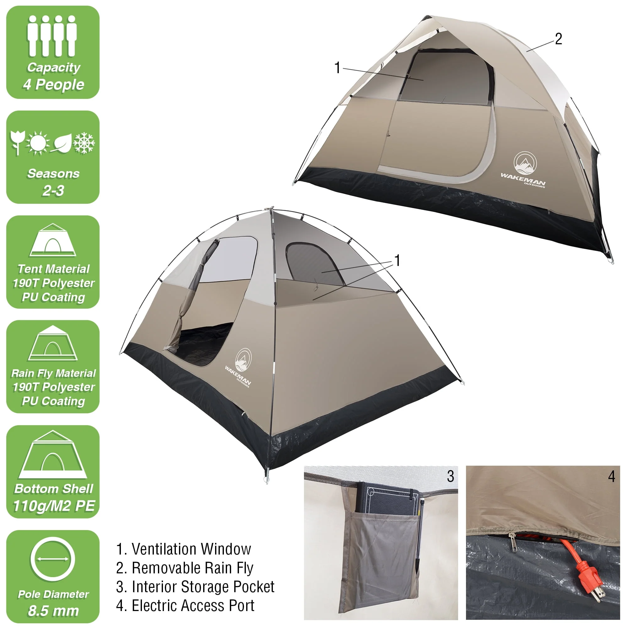 4-Person Tent, Water Resistant Dome Tent for Camping With Removable Rain Fly And Carry Bag, Rebel Bay 4 Person Tent By Wakeman Outdoors