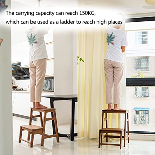 2-Step Ladder Stool, Dual Purpose Folding Solid Wood Step Stool, Portable Non-Slip Display Stand for Balcony Coffee Shop, Save Space