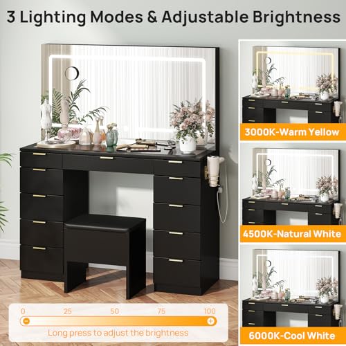 Farmhouse Vanity Desk with Sliding Lighted Mirror & Stool, Vanity Dresser Combo, Large Makeup Vanity with 8 Storage Shelves, 5 Drawers