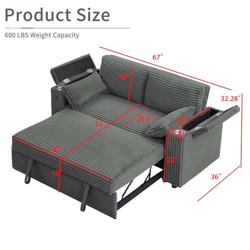 68.11" Corduroy Sleeper Chair Bed with USB Port, Cup Holders & Side Storage Pockets – 3-in-1 Foldable Sofa Bed for Guest Room, Living Room – White