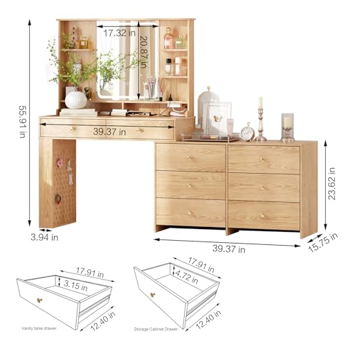 Large Makeup Vanity Desk with Mirror and Lights, Vanity Desk with 8 Drawers & Storage Shelves, Vanity Table with Power Outlet