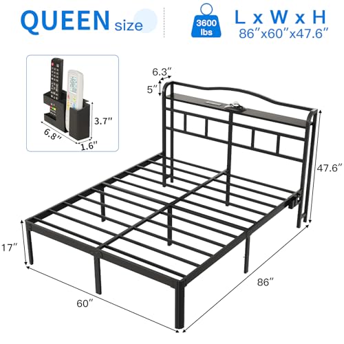 Full Bed Frame,Full Bed Frames with Headboard,Metal Bed Frame Full Size with Charging Station&Aurora Projector,Black Bed Frame No Box Spring Needed