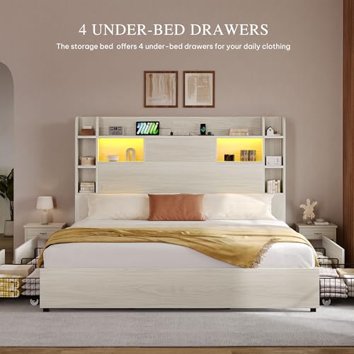 YITAHOME Queen Bed Frame with Bookcase Headboard and 4 Storage Drawers, RGB LED Bed Frame with Type-C & USB Charging Station Storage Headboard Bed