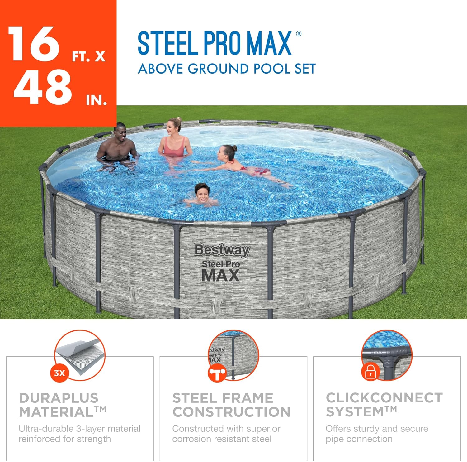 Bestway Steel Pro MAX Above Ground Swimming Pool Set (16' x 48") | Round Outdoor Backyard Family Pool Features Realistic Stone Pool Liner | Includes