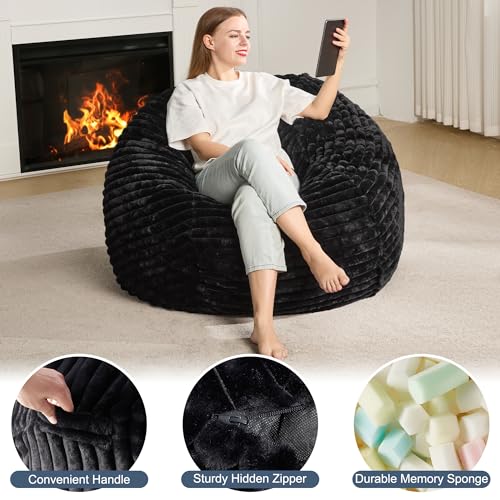 Hobestluk 5ft Bean Bag Chairs for Adults Large Beanbag Chair with Stripe Plush Cover Big Bean Bag Chair for Living Room Bedroom Dorm Office -Black