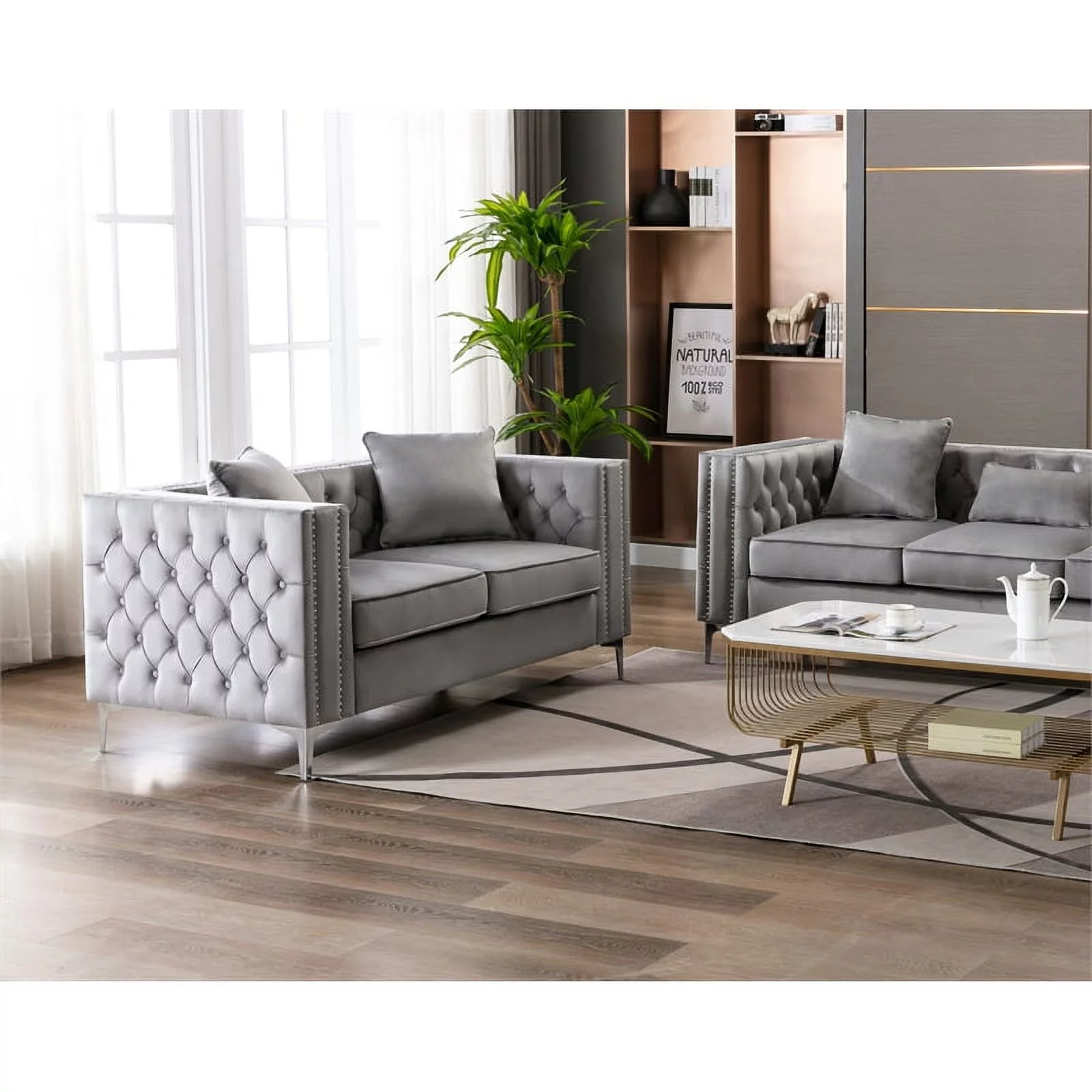 Home Square 2 Piece Velvet Fabric Loveseat and Chair Set in Gray